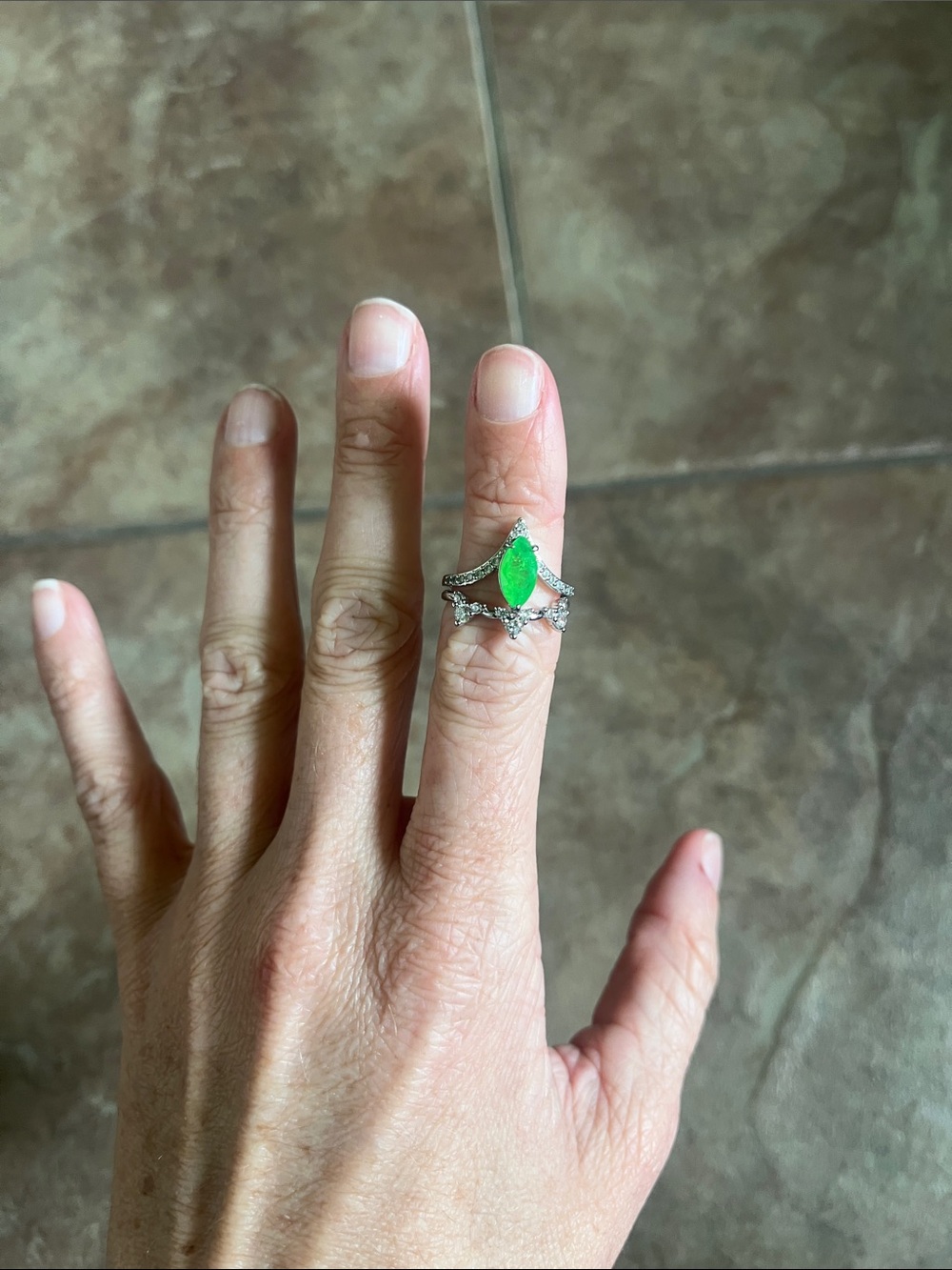 Silver Marquise Green Stone Halo & Chevron Ring Set